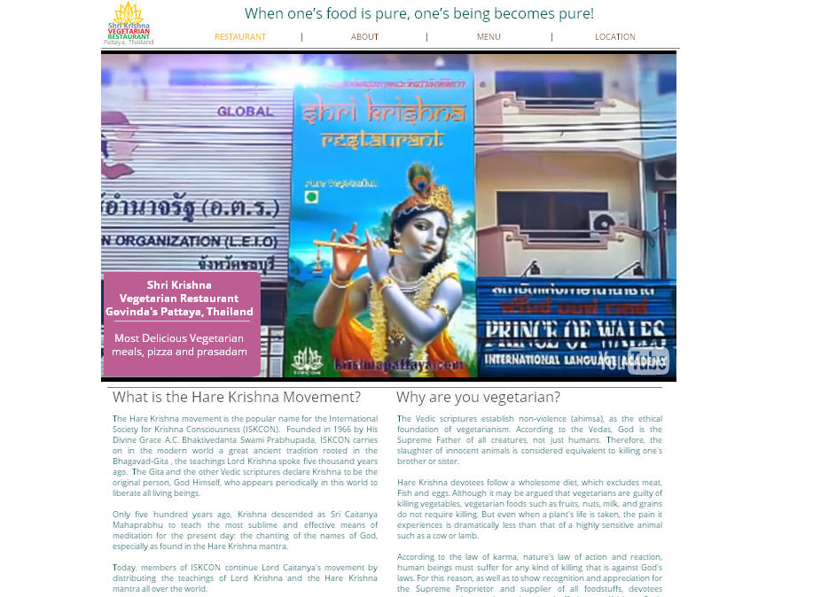 Shri Krishna Vegetarian Restaurant, Govinda's Pattaya Website